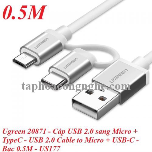 Ugreen 20871 0.5M màu trắng Dây USB 2.0 sang Type-C đầu nhôm US177 30020871